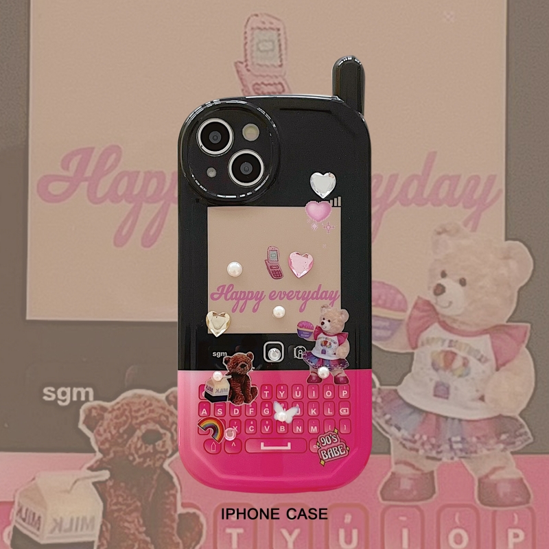 스티커 증정💎 핑크 블랙 레트로 전화기 안테나 아이폰 케이스